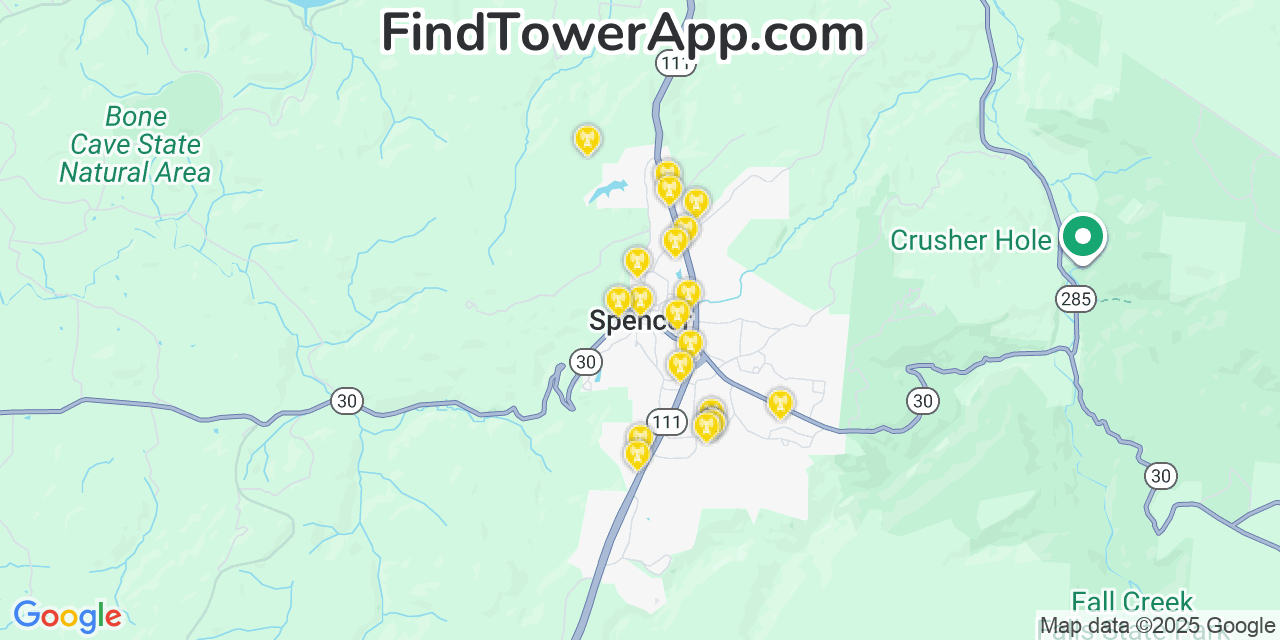 Map showing the 20 primary cell tower locations detected in Spencer, Tennessee from AT&T, Verizon, and T-Mobile networks
