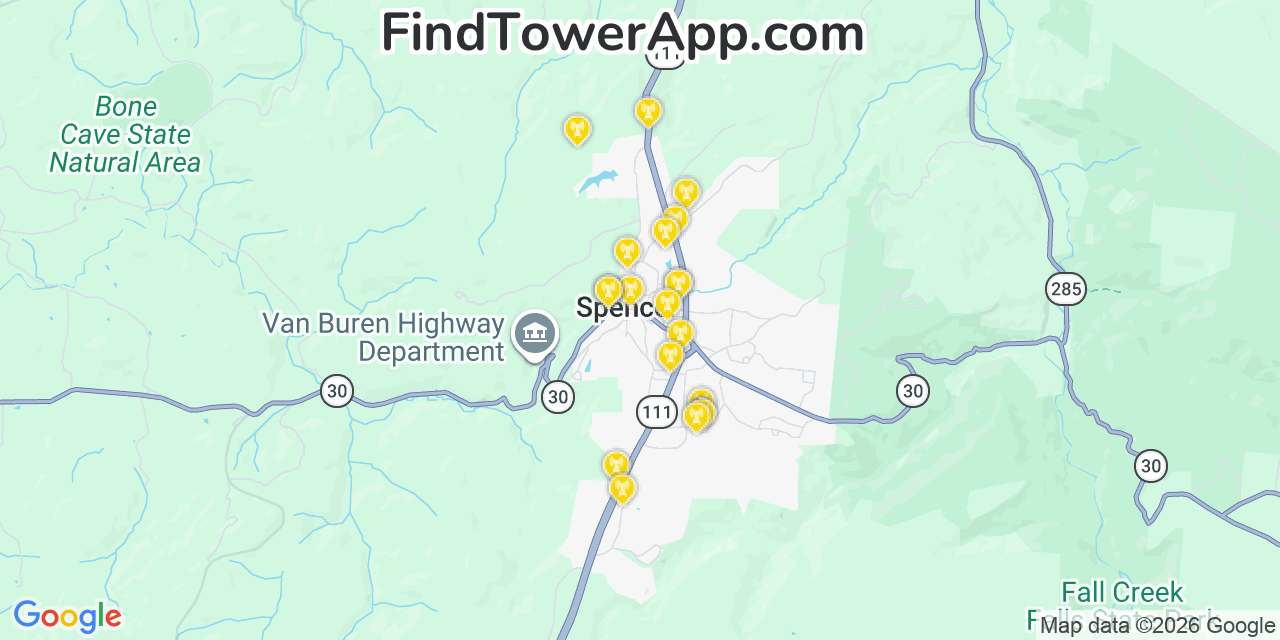 Map showing the 20 primary cell tower locations detected in Spencer, Tennessee from AT&T, Verizon, and T-Mobile networks