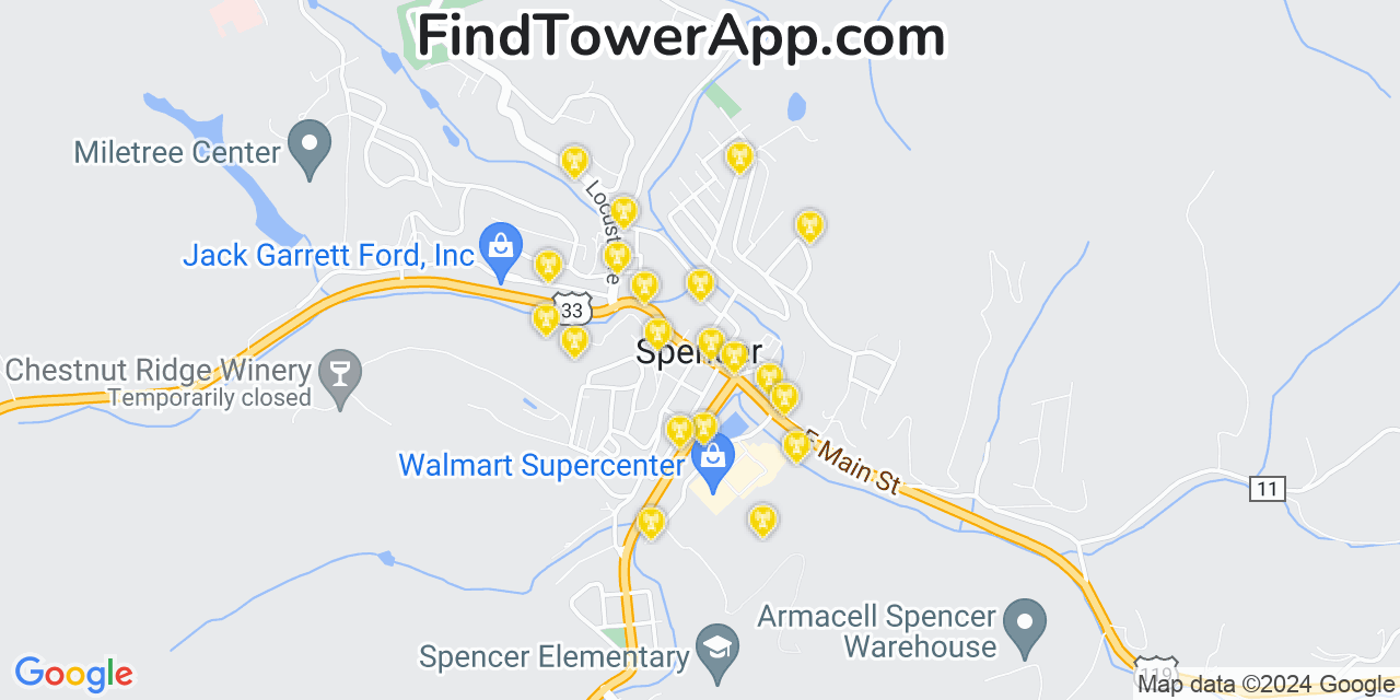 AT&T 4G/5G cell tower coverage map Spencer, West Virginia