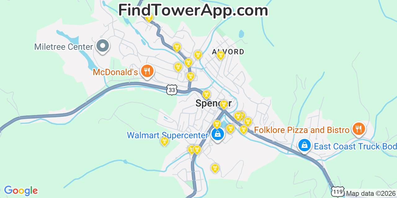 Map showing the 20 primary cell tower locations detected in Spencer, West Virginia from AT&T, Verizon, and T-Mobile networks