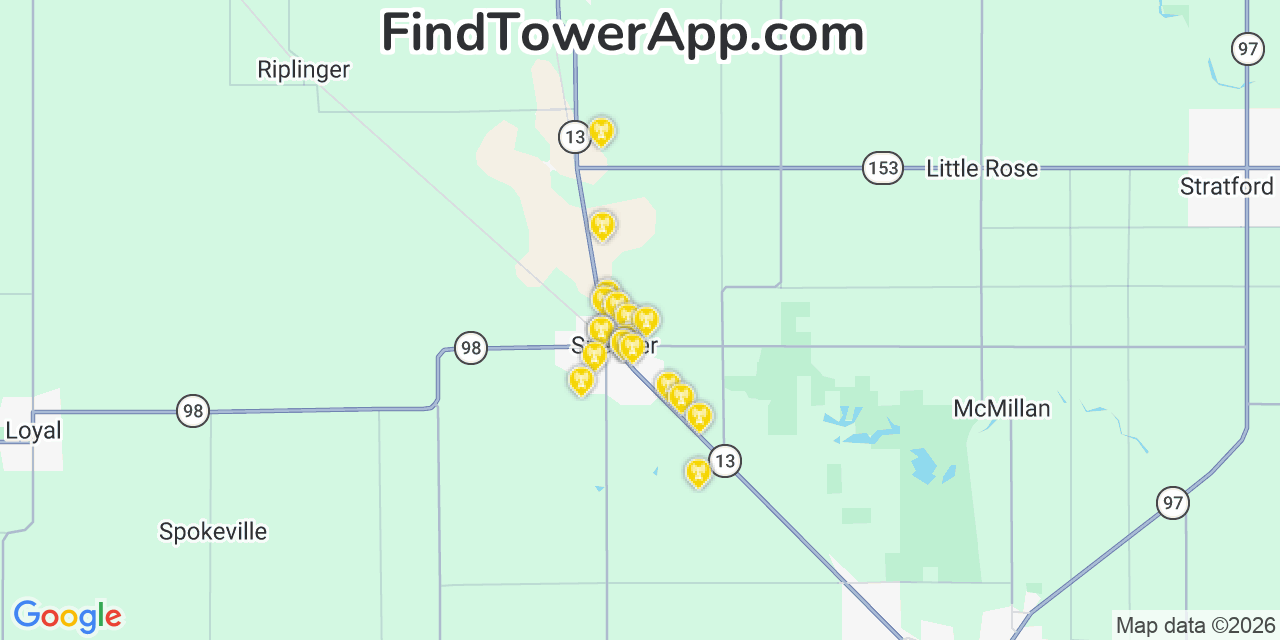 Map showing the 20 primary cell tower locations detected in Spencer, Wisconsin from AT&T, Verizon, and T-Mobile networks