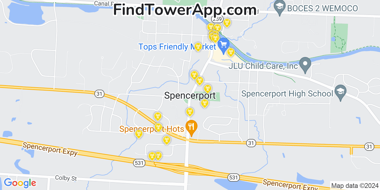 AT&T 4G/5G cell tower coverage map Spencerport, New York