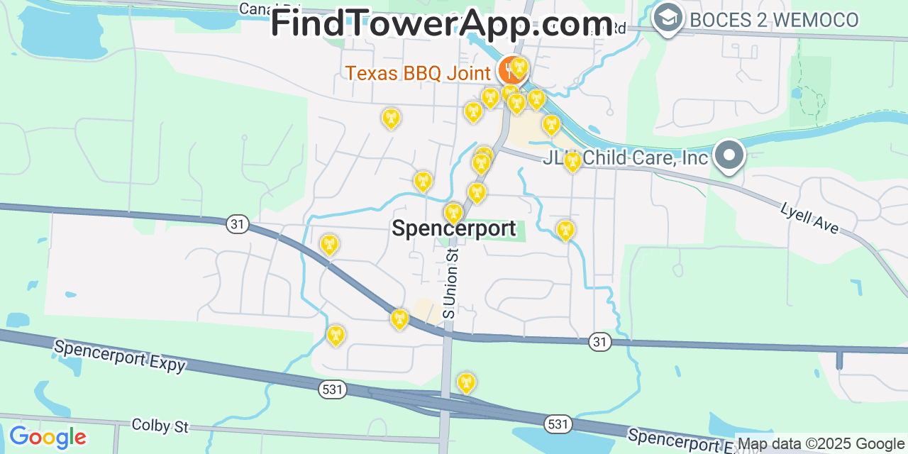 Map showing the 20 primary cell tower locations detected in Spencerport, New York from AT&T, Verizon, and T-Mobile networks