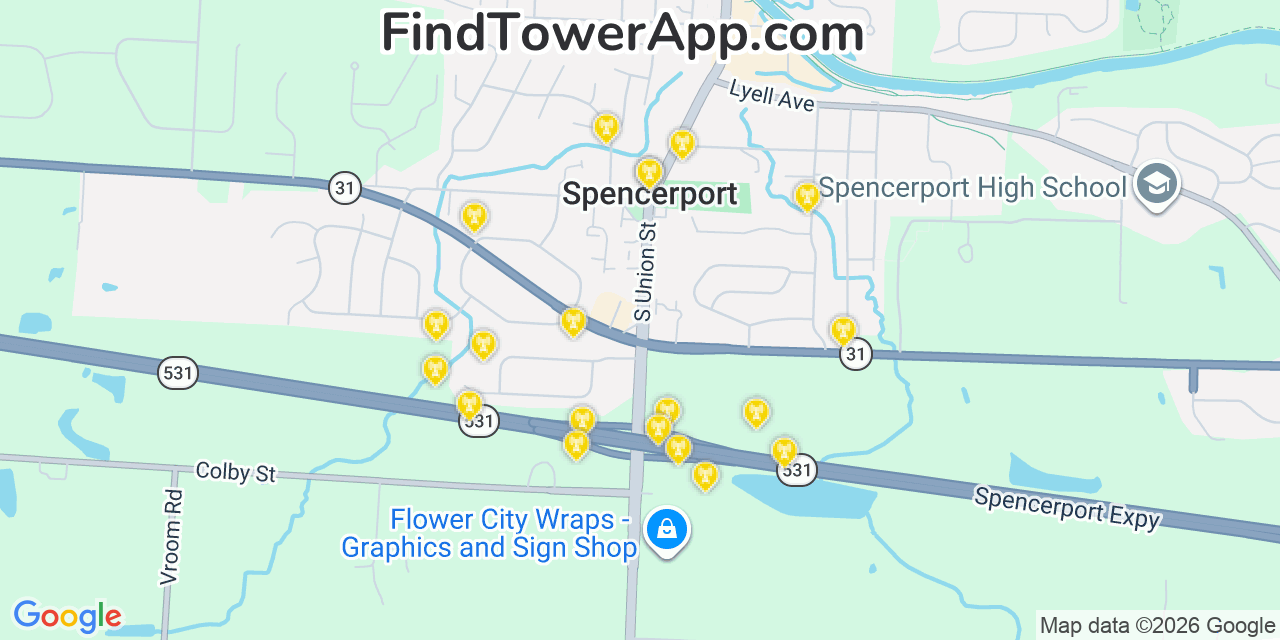 Map showing the 20 primary cell tower locations detected in Spencerport, New York from AT&T, Verizon, and T-Mobile networks