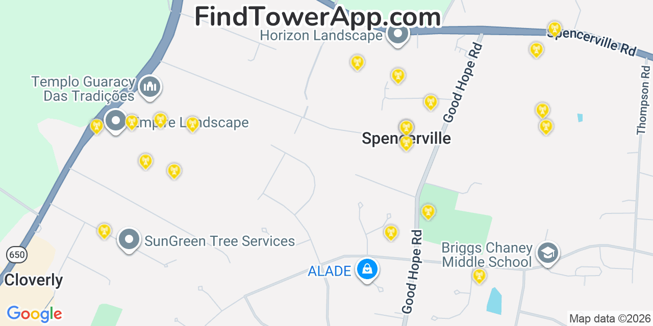 Map showing the 20 primary cell tower locations detected in Spencerville, Maryland from AT&T, Verizon, and T-Mobile networks
