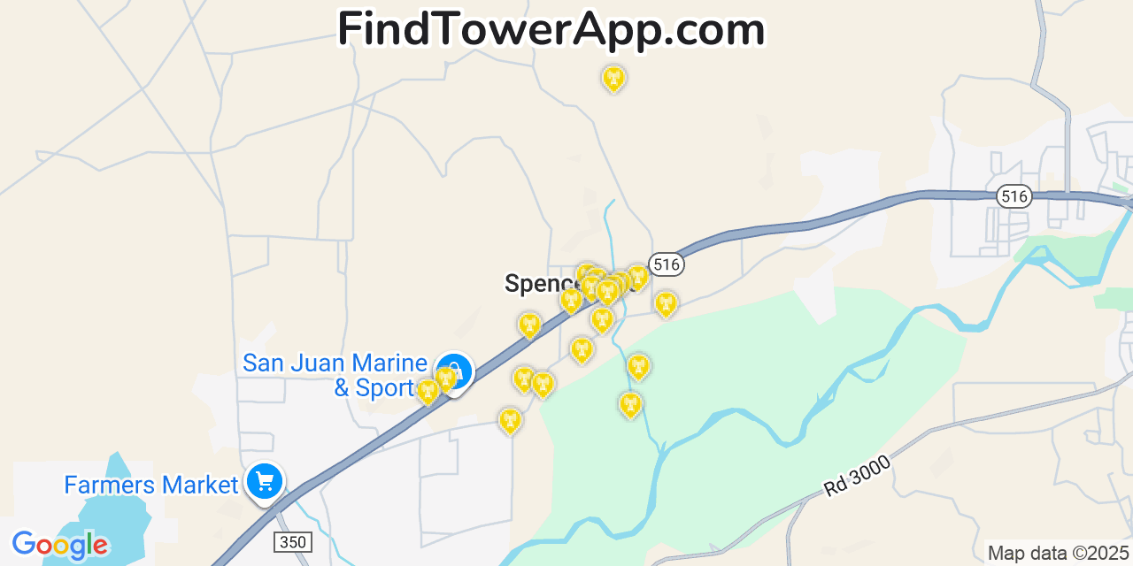 Map showing the 20 primary cell tower locations detected in Spencerville, New Mexico from AT&T, Verizon, and T-Mobile networks