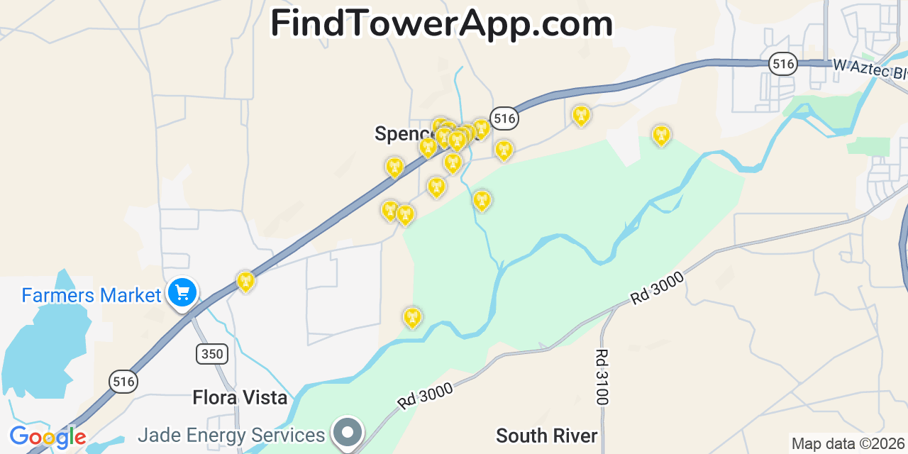 Map showing the 20 primary cell tower locations detected in Spencerville, New Mexico from AT&T, Verizon, and T-Mobile networks