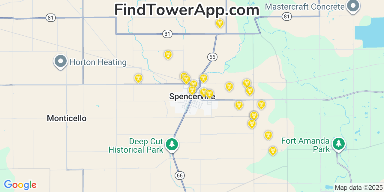 Map showing the 20 primary cell tower locations detected in Spencerville, Ohio from AT&T, Verizon, and T-Mobile networks