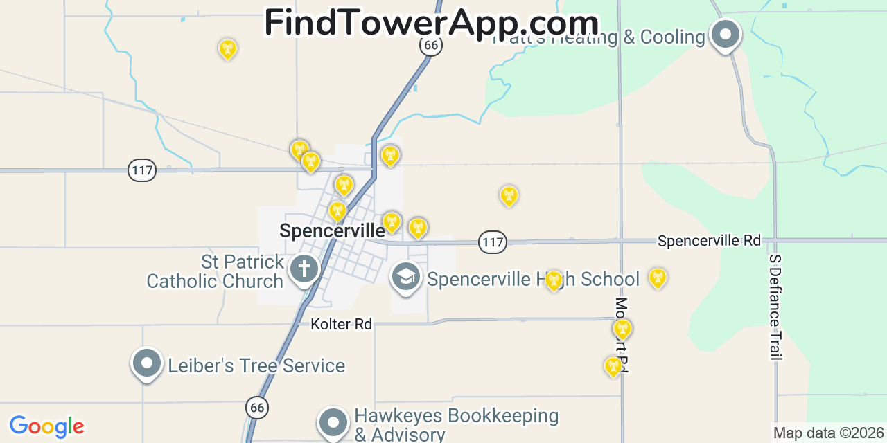 Map showing the 20 primary cell tower locations detected in Spencerville, Ohio from AT&T, Verizon, and T-Mobile networks
