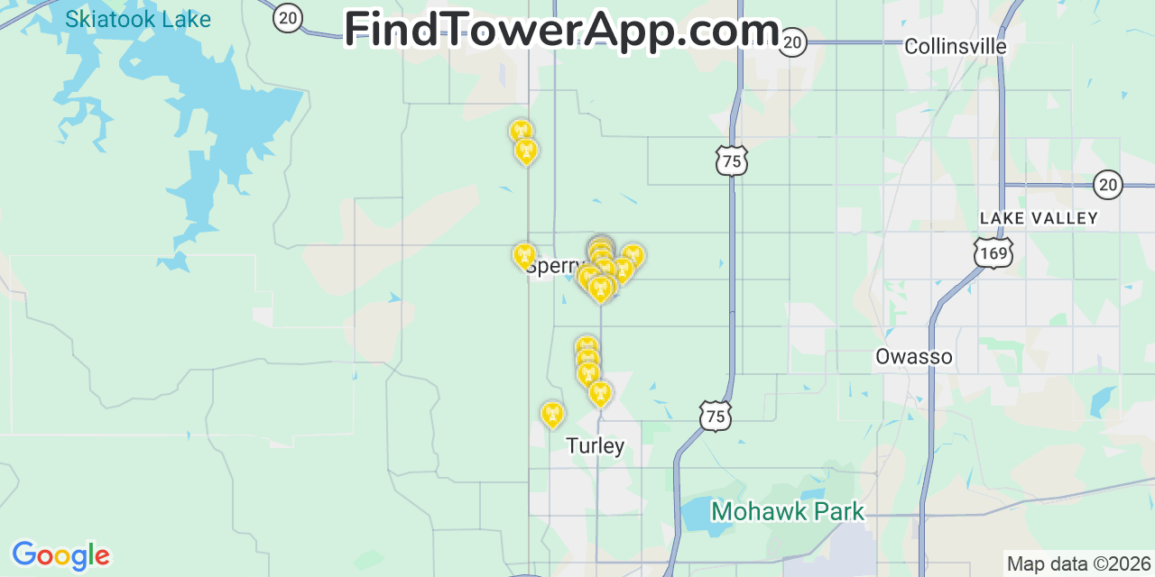 Map showing the 20 primary cell tower locations detected in Sperry, Oklahoma from AT&T, Verizon, and T-Mobile networks