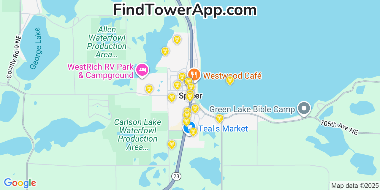 Map showing the 20 primary cell tower locations detected in Spicer, Minnesota from AT&T, Verizon, and T-Mobile networks
