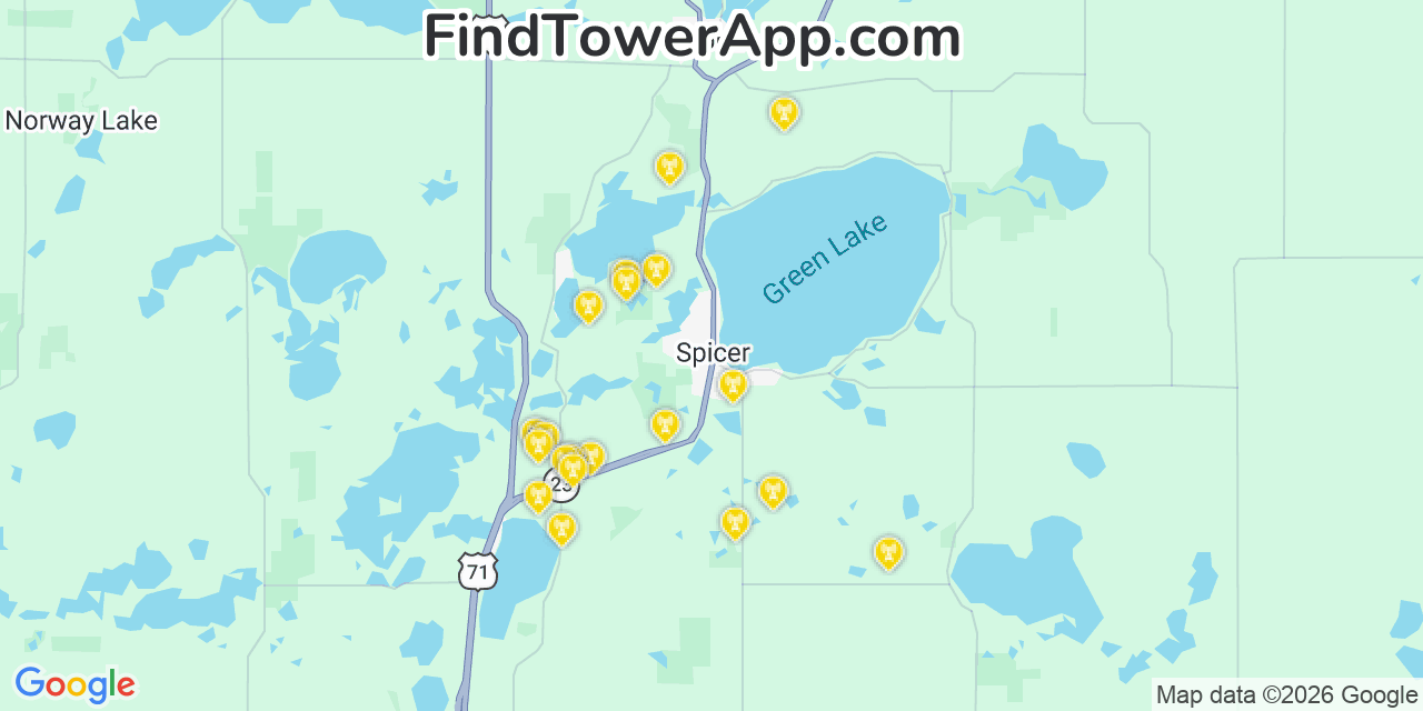 Map showing the 20 primary cell tower locations detected in Spicer, Minnesota from AT&T, Verizon, and T-Mobile networks