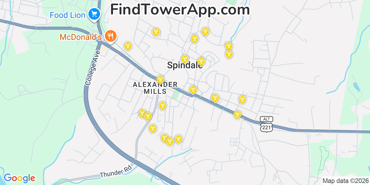 Map showing the 20 primary cell tower locations detected in Spindale, North Carolina from AT&T, Verizon, and T-Mobile networks