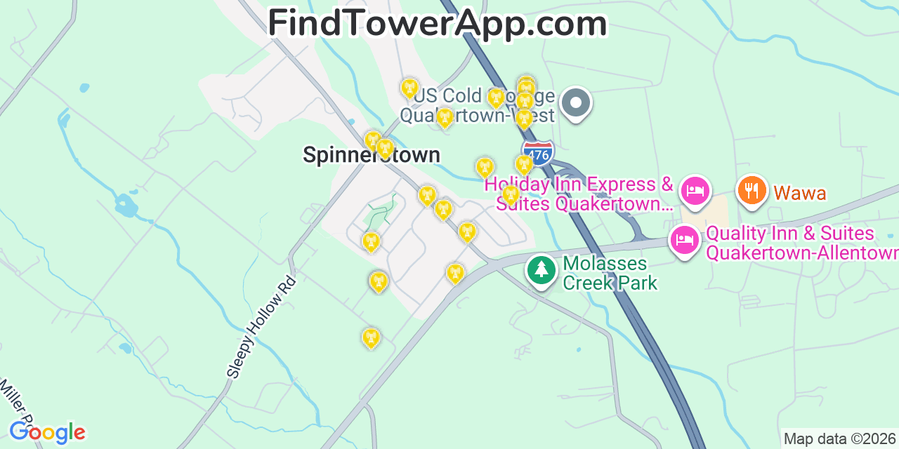 Map showing the 20 primary cell tower locations detected in Spinnerstown, Pennsylvania from AT&T, Verizon, and T-Mobile networks