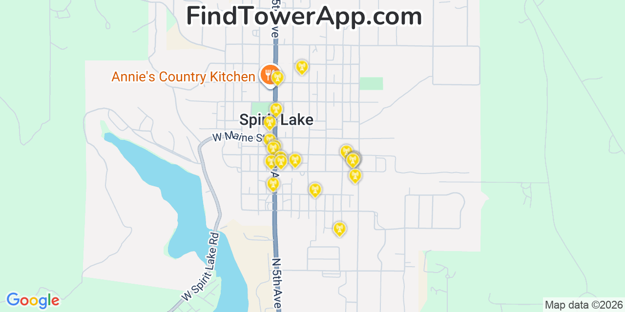 Map showing the 20 primary cell tower locations detected in Spirit Lake, Idaho from AT&T, Verizon, and T-Mobile networks