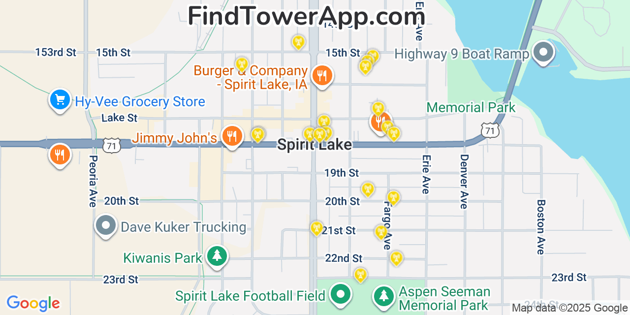Map showing the 20 primary cell tower locations detected in Spirit Lake, Iowa from AT&T, Verizon, and T-Mobile networks