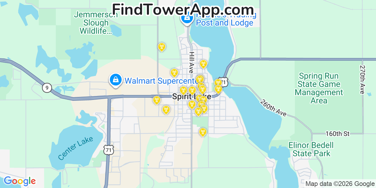 Map showing the 20 primary cell tower locations detected in Spirit Lake, Iowa from AT&T, Verizon, and T-Mobile networks