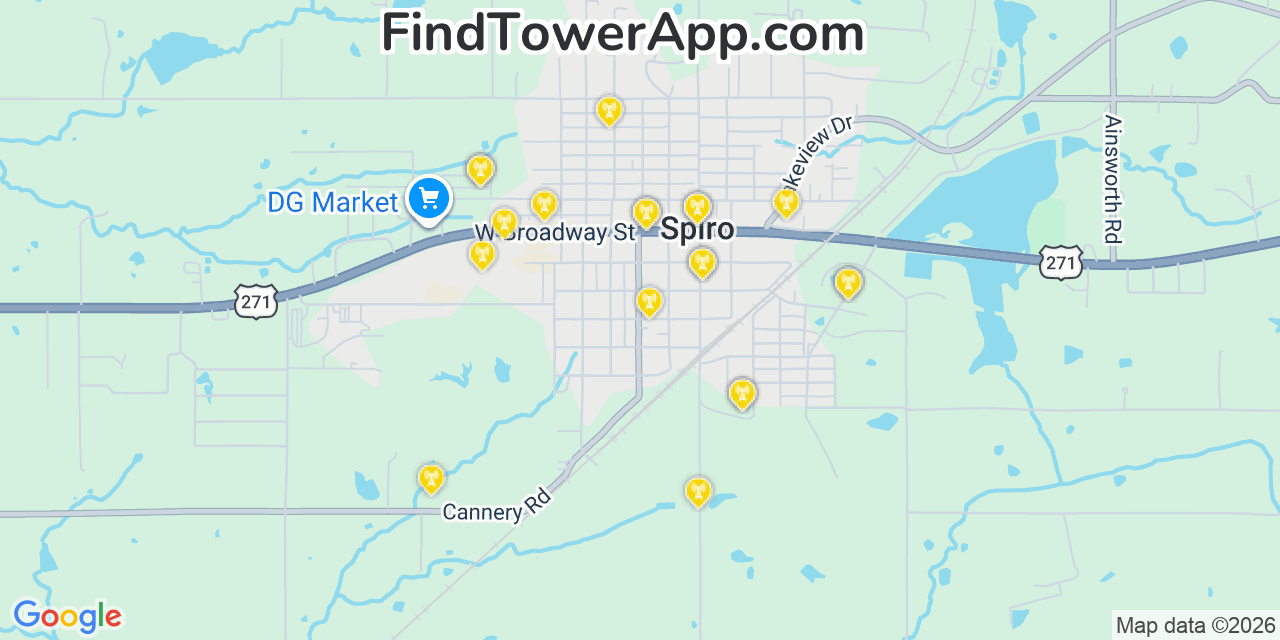 Map showing the 20 primary cell tower locations detected in Spiro, Oklahoma from AT&T, Verizon, and T-Mobile networks