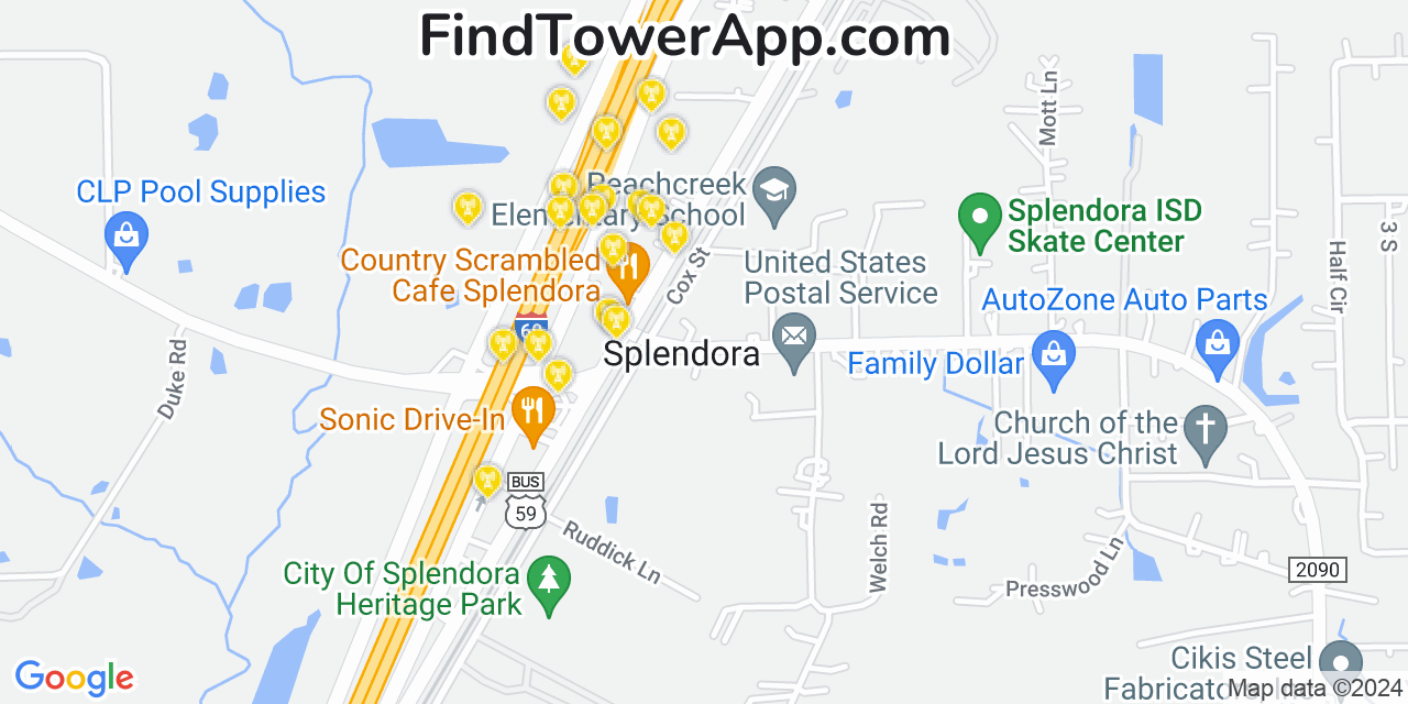 AT&T 4G/5G cell tower coverage map Splendora, Texas