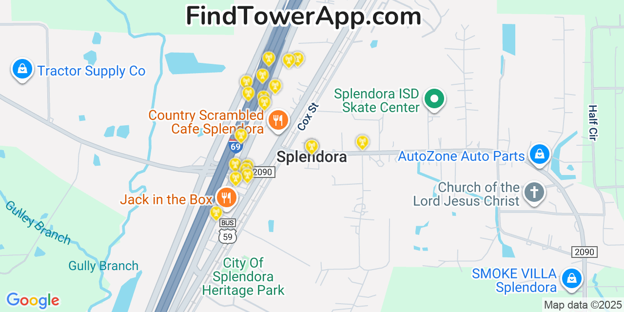 Map showing the 20 primary cell tower locations detected in Splendora, Texas from AT&T, Verizon, and T-Mobile networks