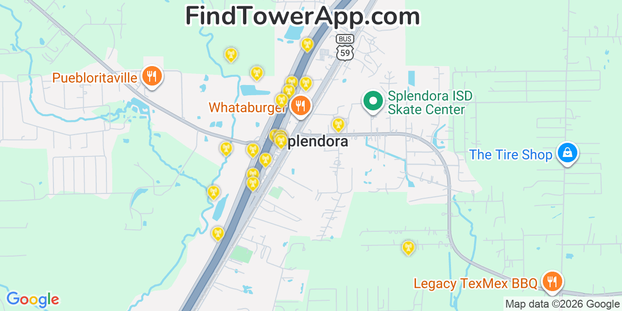Map showing the 20 primary cell tower locations detected in Splendora, Texas from AT&T, Verizon, and T-Mobile networks