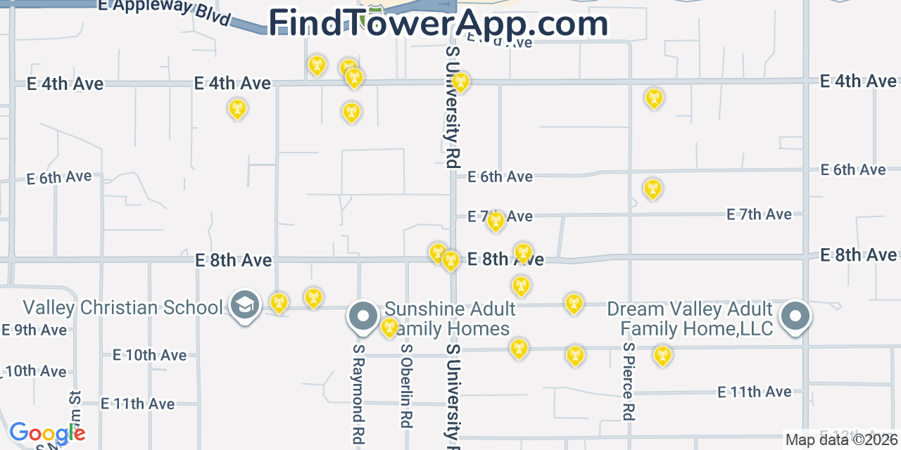 Map showing the 20 primary cell tower locations detected in Spokane Valley, Washington from AT&T, Verizon, and T-Mobile networks