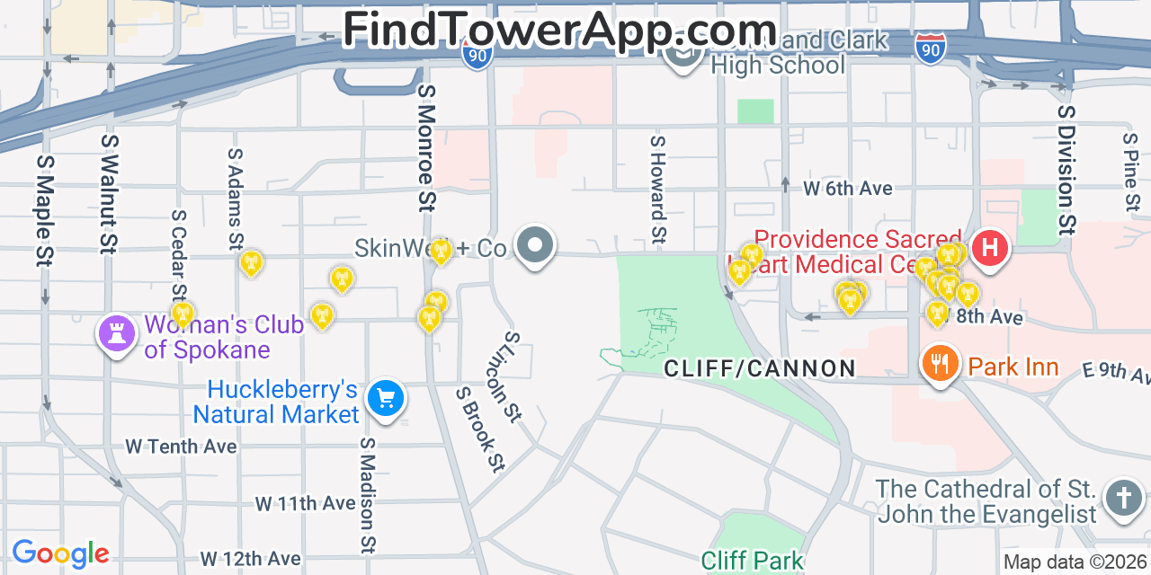 Map showing the 20 primary cell tower locations detected in Spokane, Washington from AT&T, Verizon, and T-Mobile networks