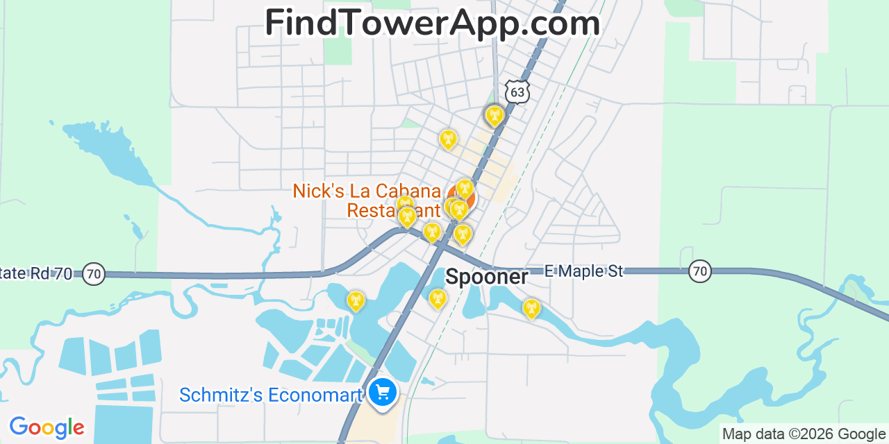 Map showing the 20 primary cell tower locations detected in Spooner, Wisconsin from AT&T, Verizon, and T-Mobile networks
