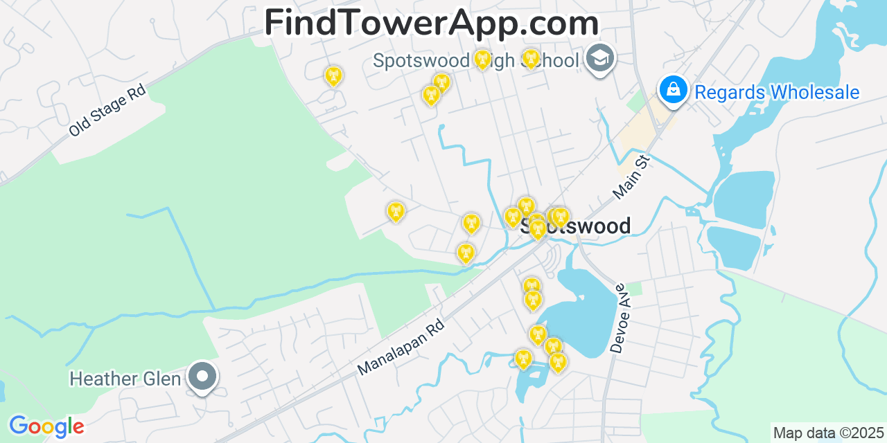 Map showing the 20 primary cell tower locations detected in Spotswood, New Jersey from AT&T, Verizon, and T-Mobile networks