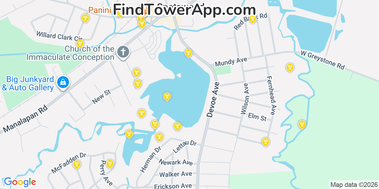 Map showing the 20 primary cell tower locations detected in Spotswood, New Jersey from AT&T, Verizon, and T-Mobile networks