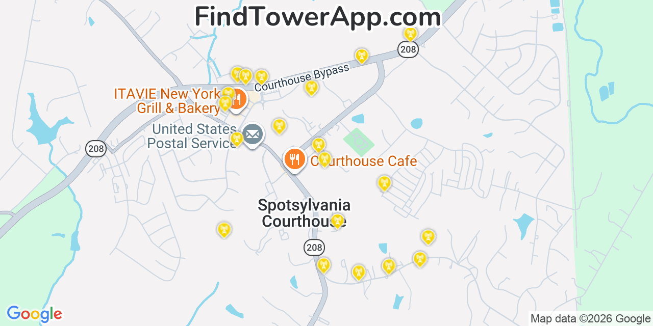 Map showing the 20 primary cell tower locations detected in Spotsylvania Courthouse, Virginia from AT&T, Verizon, and T-Mobile networks