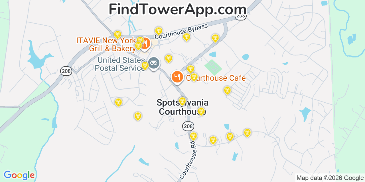 Map showing the 20 primary cell tower locations detected in Spotsylvania, Virginia from AT&T, Verizon, and T-Mobile networks