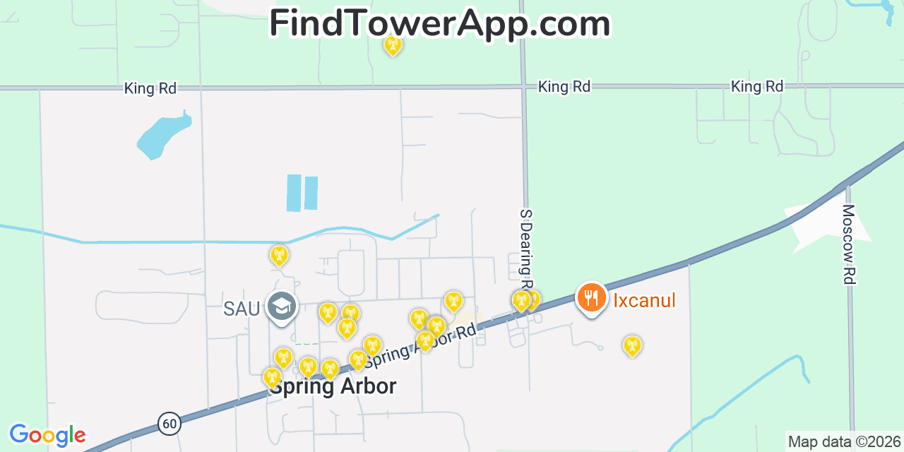 Map showing the 20 primary cell tower locations detected in Spring Arbor, Michigan from AT&T, Verizon, and T-Mobile networks