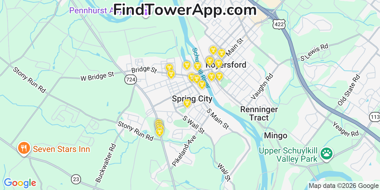 Map showing the 20 primary cell tower locations detected in Spring City, Pennsylvania from AT&T, Verizon, and T-Mobile networks