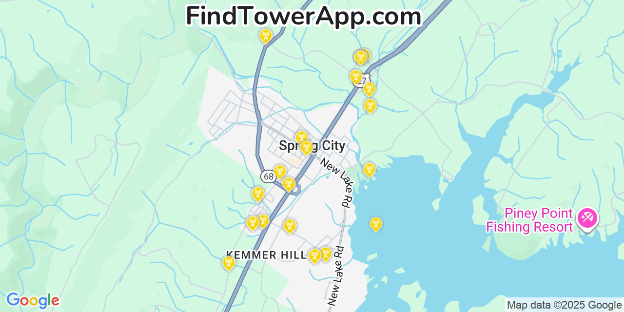 Map showing the 20 primary cell tower locations detected in Spring City, Tennessee from AT&T, Verizon, and T-Mobile networks