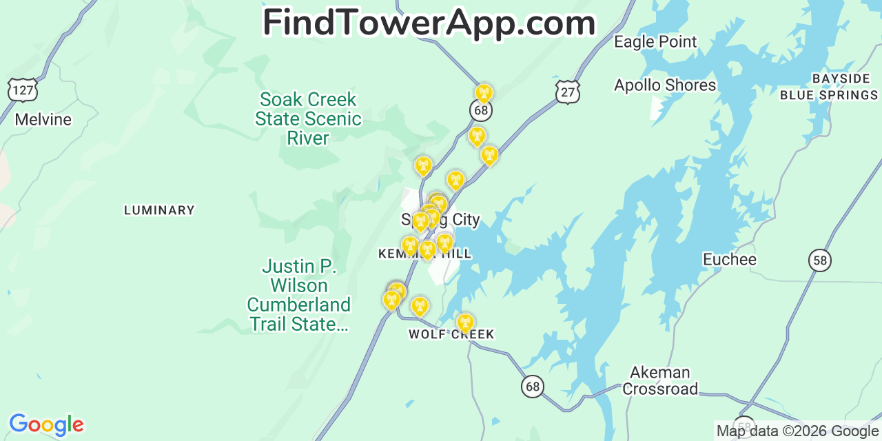 Map showing the 20 primary cell tower locations detected in Spring City, Tennessee from AT&T, Verizon, and T-Mobile networks