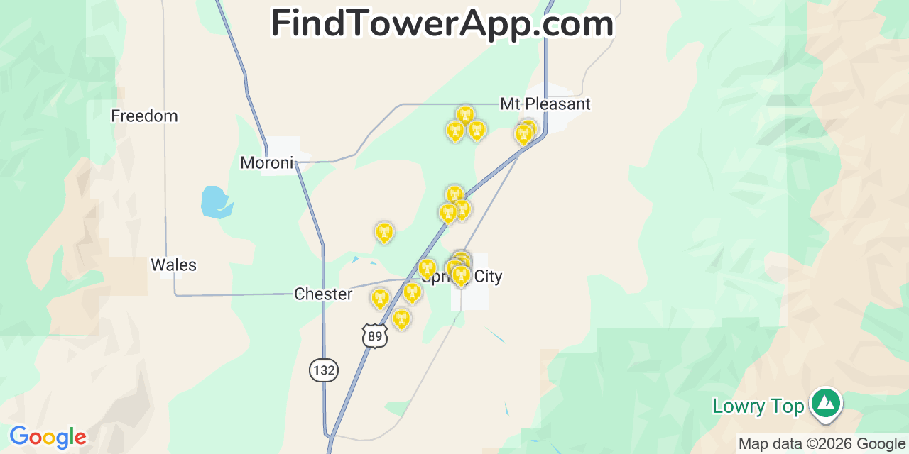 Map showing the 20 primary cell tower locations detected in Spring City, Utah from AT&T, Verizon, and T-Mobile networks