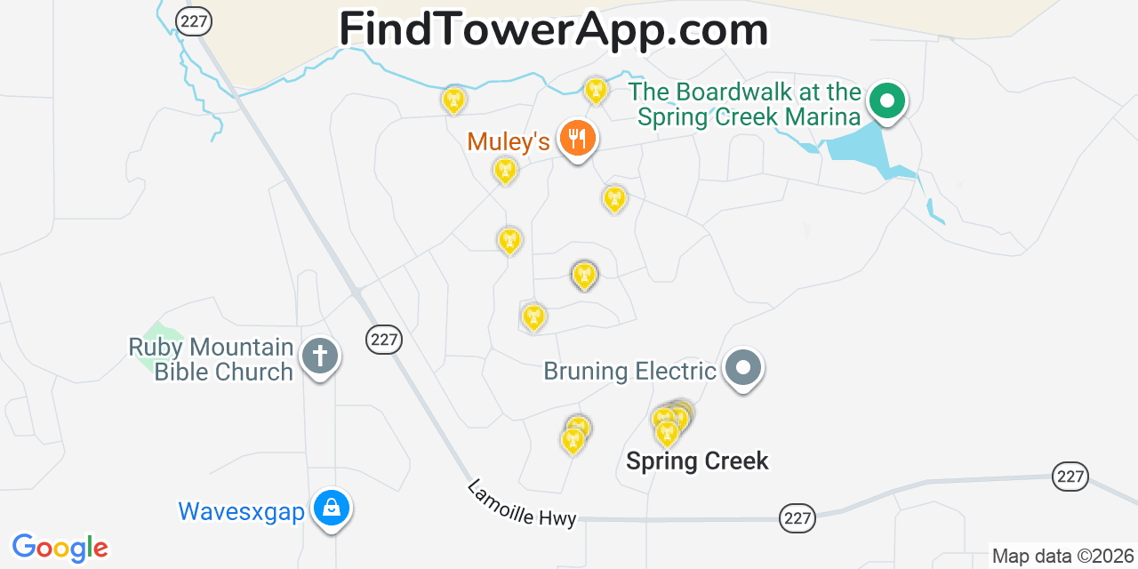 Map showing the 20 primary cell tower locations detected in Spring Creek, Nevada from AT&T, Verizon, and T-Mobile networks