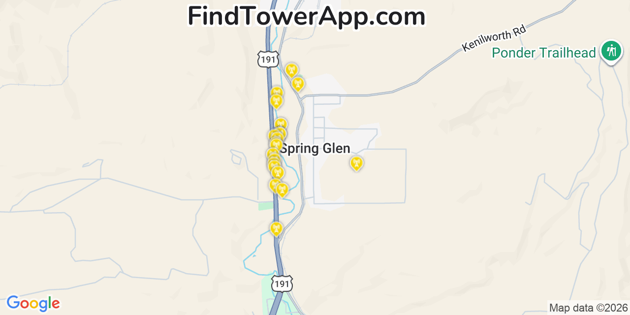 Map showing the 20 primary cell tower locations detected in Spring Glen, Utah from AT&T, Verizon, and T-Mobile networks