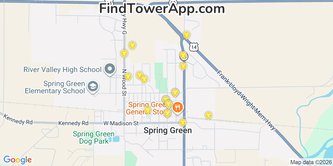 Map showing the 20 primary cell tower locations detected in Spring Green, Wisconsin from AT&T, Verizon, and T-Mobile networks