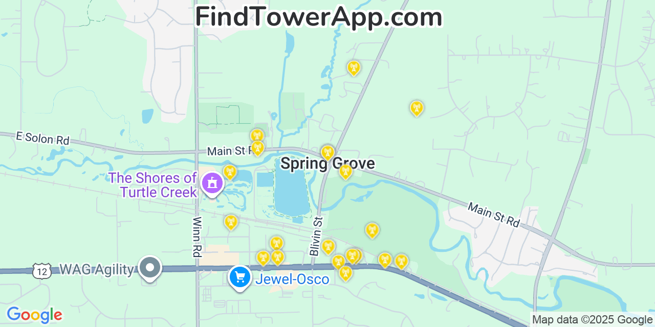 Map showing the 20 primary cell tower locations detected in Spring Grove, Illinois from AT&T, Verizon, and T-Mobile networks