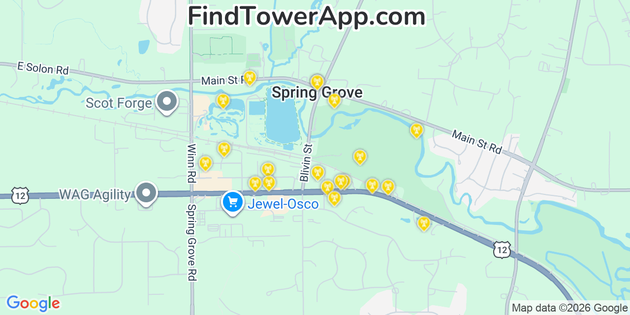Map showing the 20 primary cell tower locations detected in Spring Grove, Illinois from AT&T, Verizon, and T-Mobile networks