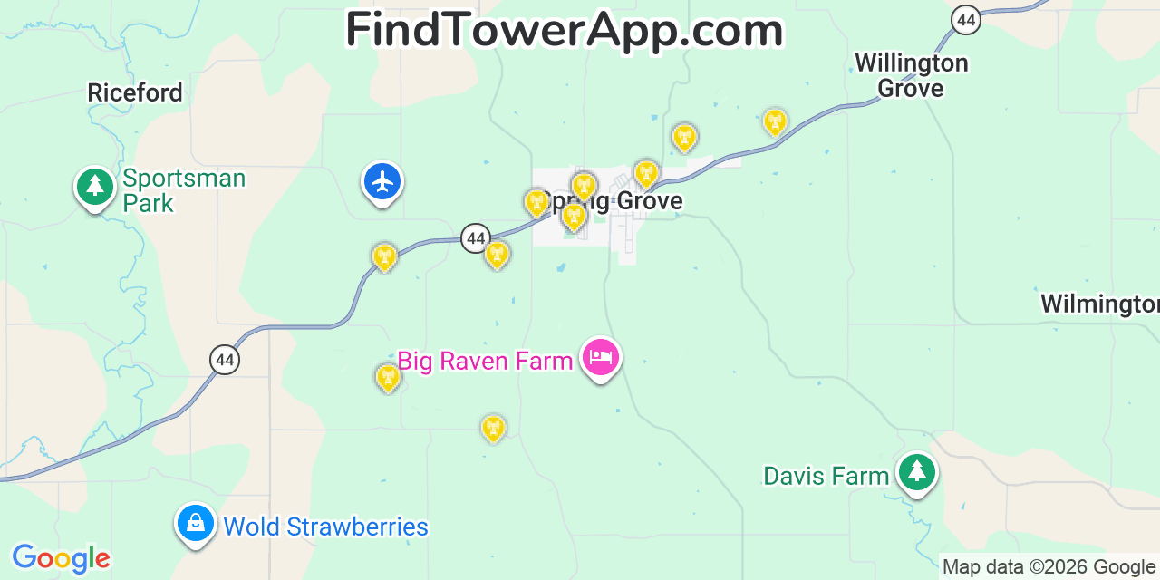 Map showing the 20 primary cell tower locations detected in Spring Grove, Minnesota from AT&T, Verizon, and T-Mobile networks