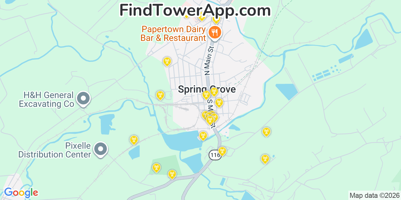 Map showing the 20 primary cell tower locations detected in Spring Grove, Pennsylvania from AT&T, Verizon, and T-Mobile networks