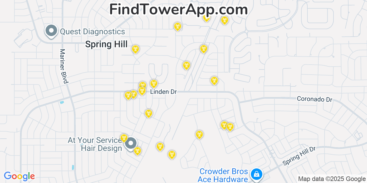 Map showing the 20 primary cell tower locations detected in Spring Hill, Florida from AT&T, Verizon, and T-Mobile networks