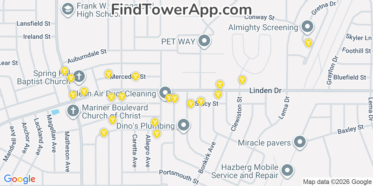 Map showing the 20 primary cell tower locations detected in Spring Hill, Florida from AT&T, Verizon, and T-Mobile networks