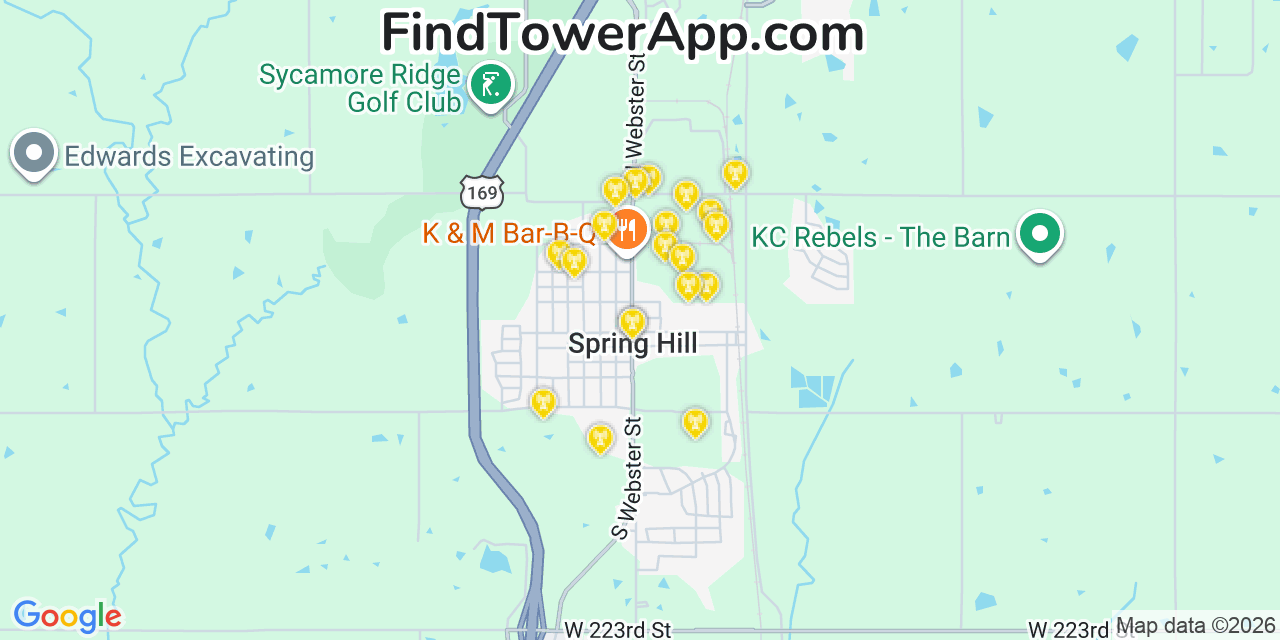 Map showing the 20 primary cell tower locations detected in Spring Hill, Kansas from AT&T, Verizon, and T-Mobile networks