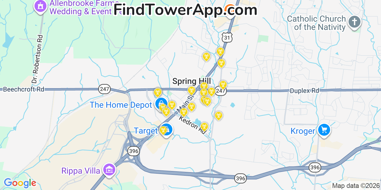 Map showing the 20 primary cell tower locations detected in Spring Hill, Tennessee from AT&T, Verizon, and T-Mobile networks