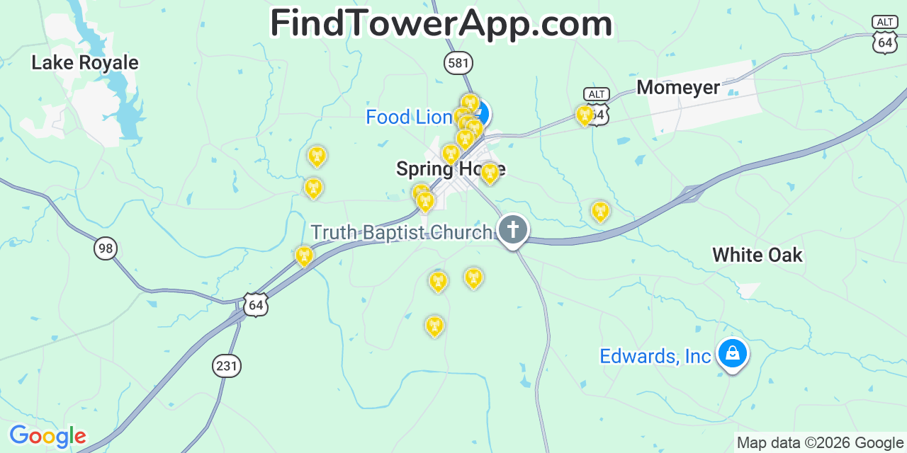 Map showing the 20 primary cell tower locations detected in Spring Hope, North Carolina from AT&T, Verizon, and T-Mobile networks