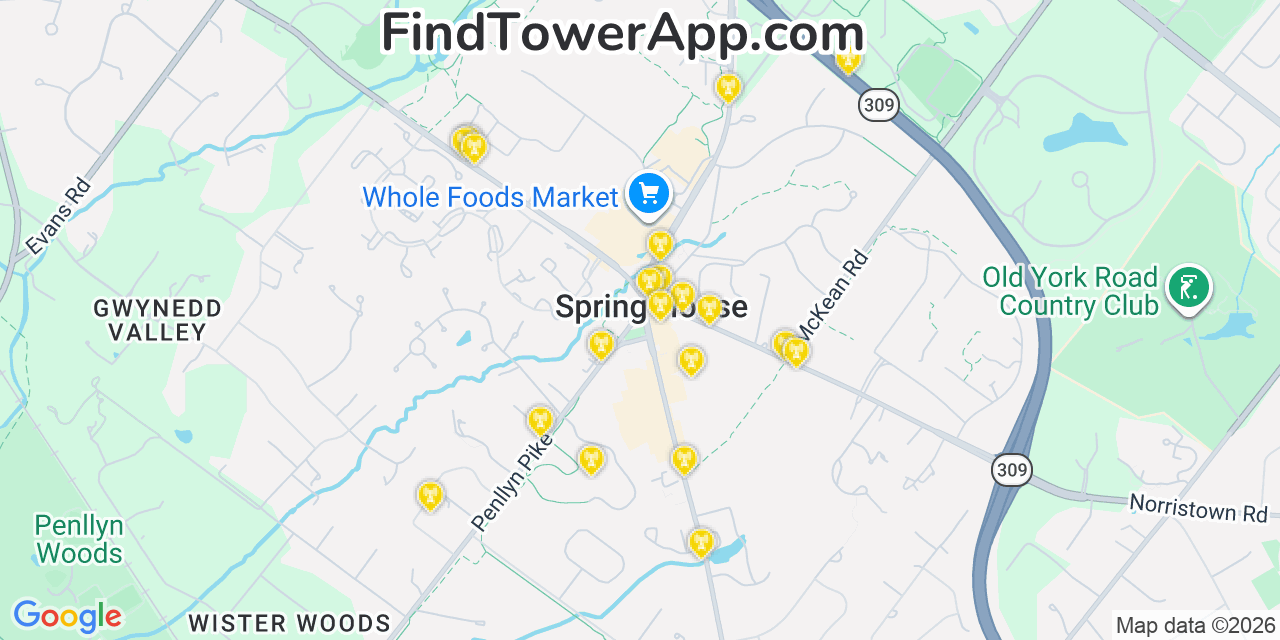 Map showing the 20 primary cell tower locations detected in Spring House, Pennsylvania from AT&T, Verizon, and T-Mobile networks